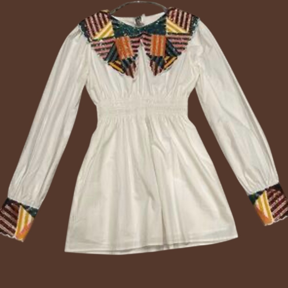 Queen of Sparkles White Mini Dress with Multicolor Sequin Wide Collar Accents-